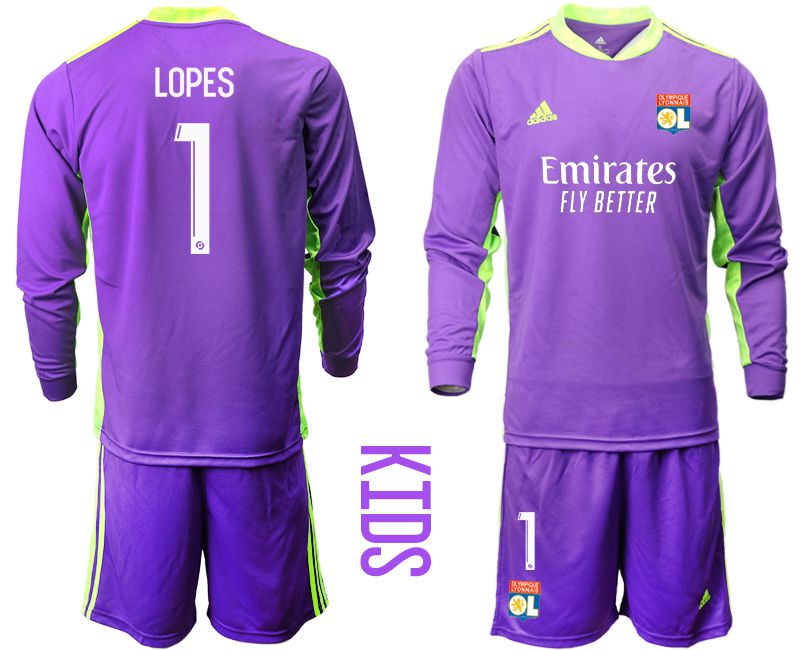 Youth 2020-2021 club Olympique Lyonnais purple long sleeved Goalkeeper #1 Soccer Jerseys